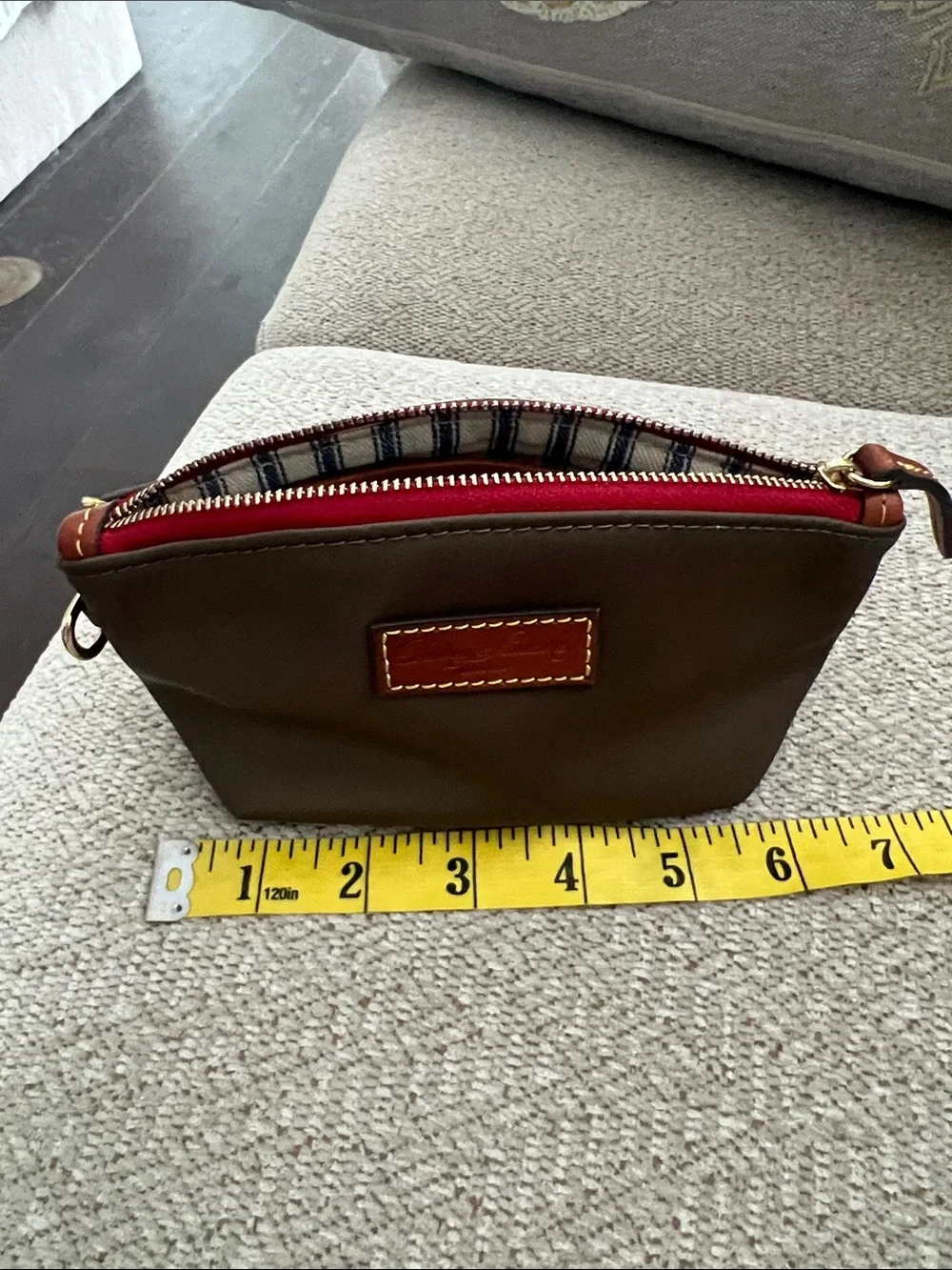 Dooney & Bourke Olive Nylon Cosmetic Pouch with Red Zipper and Leather Logo